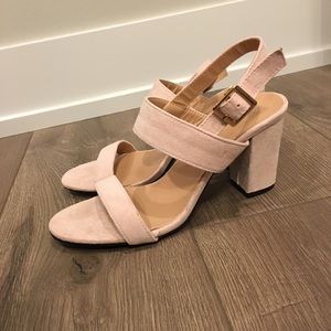 Soft pink/beige strappy block heels